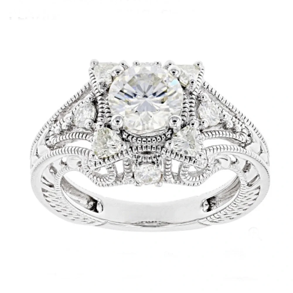 Moissanite Engagement Ring Sterling Silver 925 Vintage Halo Filigree Bridal Sz 6